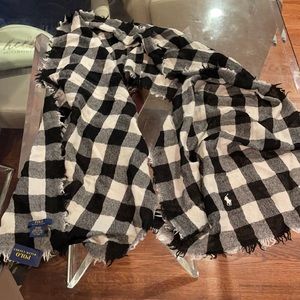Polo Ralph Lauren black white checker flannel feel fringe scarf NWT